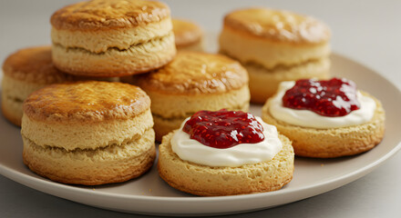 Pile Of Golden Brown Scones With Cream And Raspberry Jam On White Plate