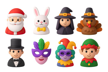 Holiday and celebration 3d icon set – festive and cheerful symbols for seasonal decoration: santa claus, easter bunny, witch, turkey, formal wear, mask, clown, elf