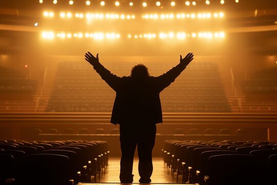 The conductor stands dramatically with arms raised, silhouetted against bright stage lights, while empty theater seats create a sense of anticipation