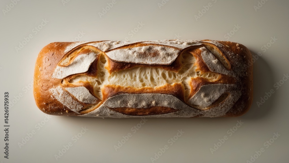 Poster rustic ciabatta bread seen from the top with a plain background and close-up detail.