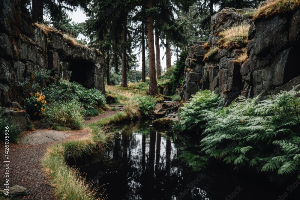Poster serenity of a secluded forest path lined with rocks and water near a tranquil pond in the heart of n