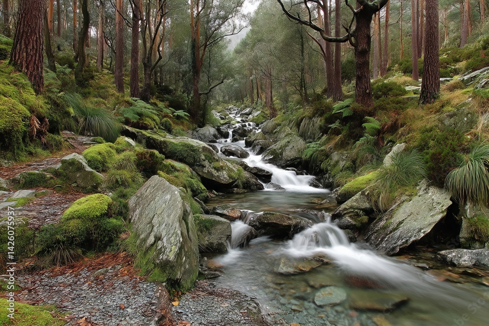 Aufkleber Flowing stream through lush forest landscape in a serene mountain setting during a cloudy day
