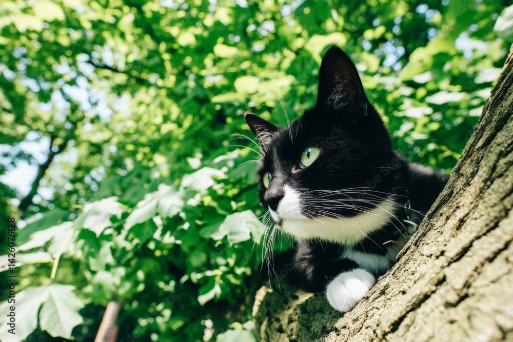 Poster black and white cat resting on a tree branch, enjoying the summer afternoon sunlight in a lush green