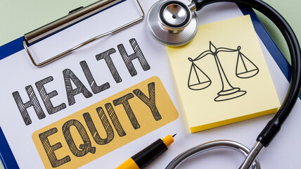 Clipboard with "Health Equity" text, yellow sticky note with scales symbol, and stethoscope, showcasing healthcare access and fairness concept