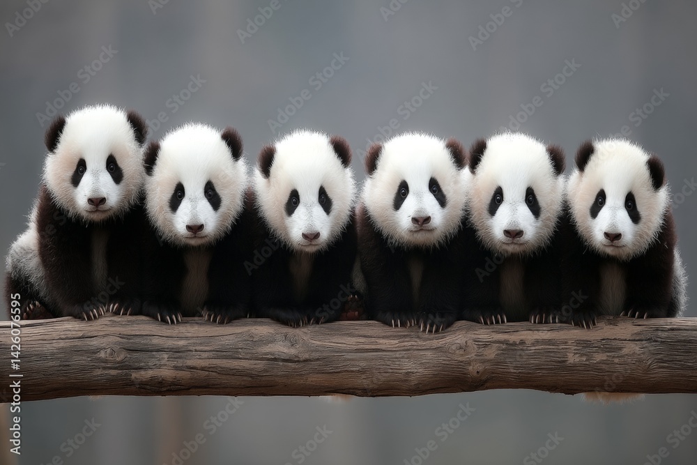 Poster six adorable giant pandas sitting together on a tree branch in a natural habitat during daylight