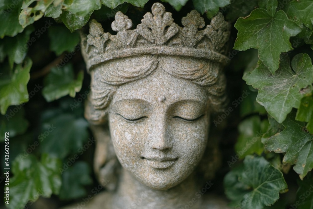Poster buddha statue surrounded by lush greenery in a tranquil garden setting during daylight hours