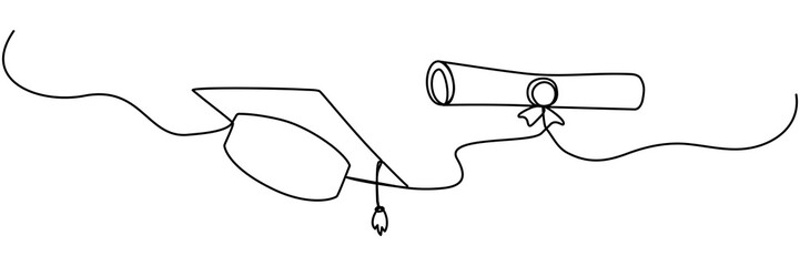 Graduation cap and diploma continuous line drawing. Education line concept. Student graduate symbols. Vector illustration isolated on white.