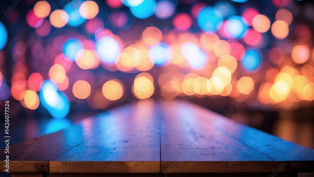 Poster long wooden table with a blurred background and bokeh effect