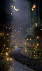Enchanted pathway illuminated by lanterns under moonlight, capturing ethereal tranquility, and mystery