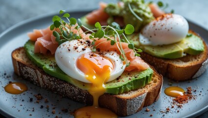 Salmon, poached egg, and avocado toast served on a plate.