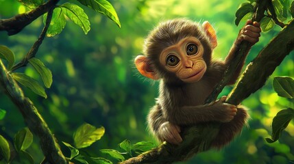 Obraz premium Adorable baby monkey clinging to branch in lush jungle; ideal for children's books