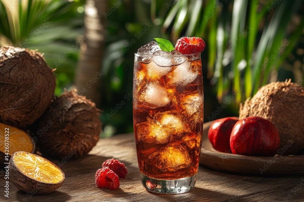 Poster refreshing drink served with fresh fruits in a tropical setting with vibrant greenery