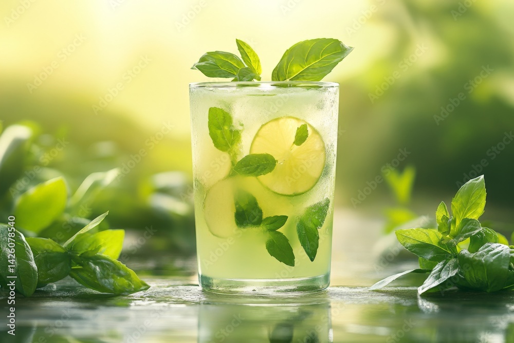 Poster Refreshing beverage with mint and cucumber featured in a natural setting during daylight hours