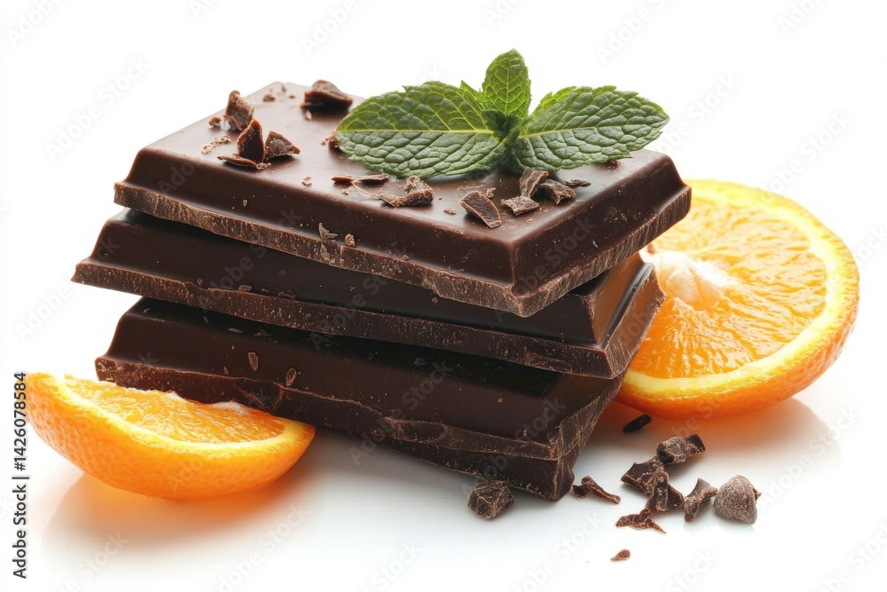 Poster dark chocolate stacked with orange slices and mint leaves for a refreshing dessert combination