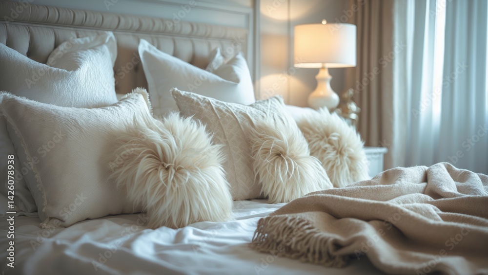 Poster a well-made bed with plush pillows and a cozy throw blanket, illuminated softly by a bedside lamp du