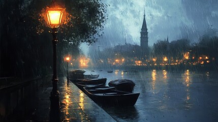 Rainy Night Cityscape Romantic Canal Boats Illuminated Streetlights Dark Atmosphere Tranquil Evening Peaceful River Calm Waters Serene Scene Dreamlike Ambiance Magical Cityscape Picturesque View Urban