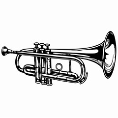 Obraz premium A detailed illustration of a trumpet showcasing its metallic design and craftsmanship, symbolizing music and artistic expression in vibrant settings.