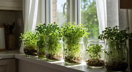 Fototapeta premium Vibrant Microgreens Growing in Glass Jars on a Sunny Windowsill Display