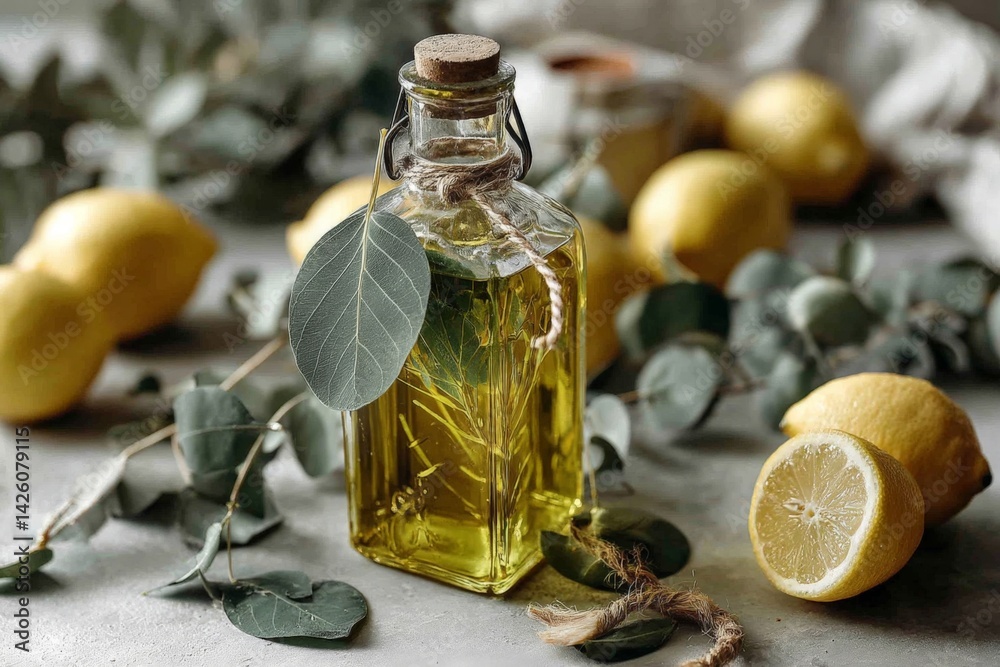 Poster freshly prepared lemon-infused olive oil displayed with lemons and eucalyptus leaves in a rustic set