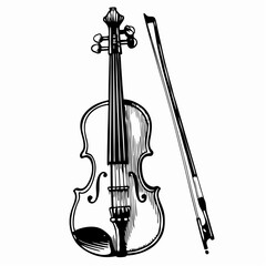 Classic violin and bow illustration showcasing intricate design and craftsmanship in black and white, representing musical art and performance.
