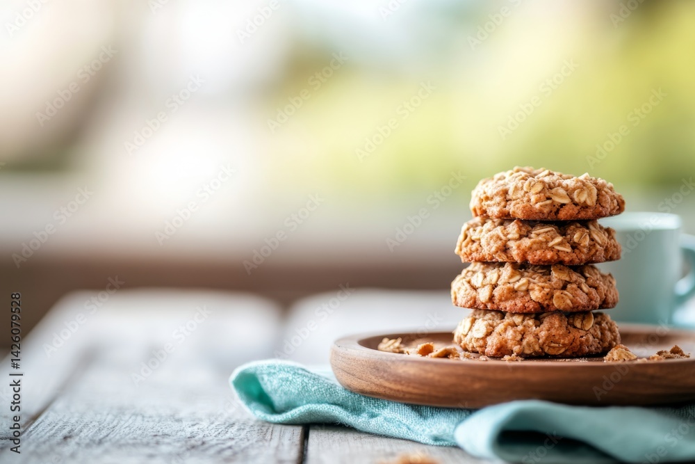 Poster A close-up view of raspberry oatmeal cookies arranged on a wooden plate, surrounded by scattered crumbs on a pastel linen, creating a cozy setting