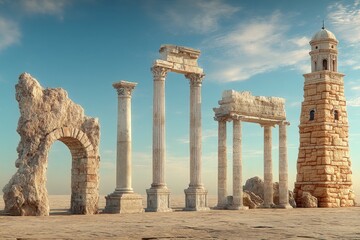 Ancient architectural ruins exhibit remarkable structures under a clear blue sky in a timeless landscape