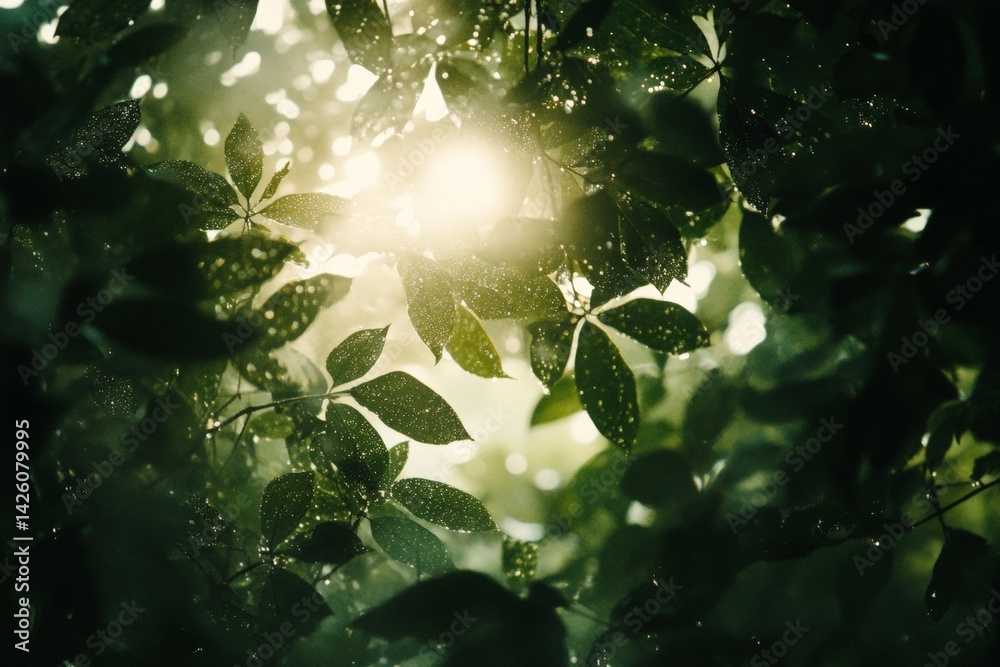 Poster Sunlight filtering through lush green leaves creates a serene atmosphere in a dense forest during early morning hours