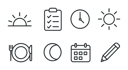 Weather and productivity linear icons set: sun, clock, calendar, checklist, pencil