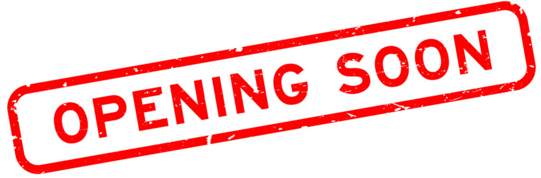 Grunge red opening soon word square rubber seal stamp on white background