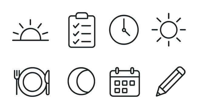 Weather and productivity linear icons set: sun, clock, calendar, checklist, pencil