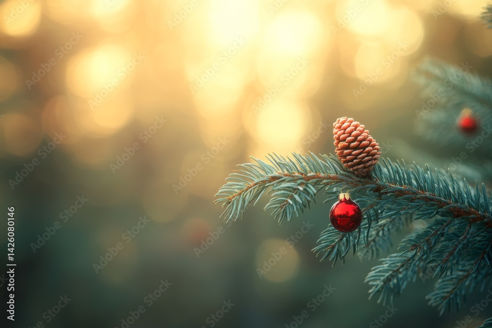 Poster Pine branch decorated with red ornament and pine cone during twilight in a forest