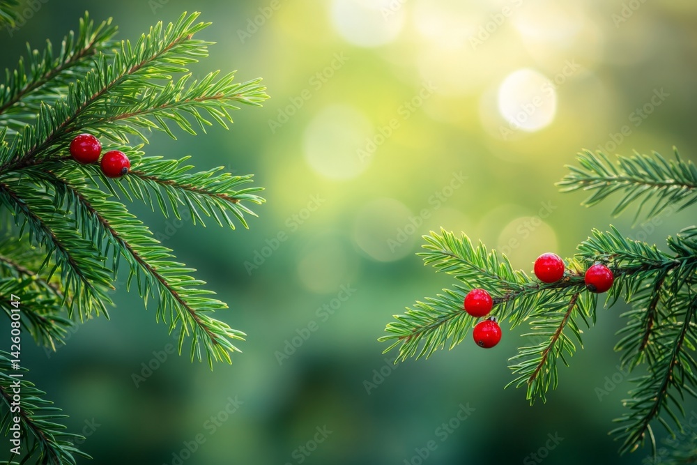 Aufkleber close-up view of evergreen branches adorned with bright red berries in a serene natural setting