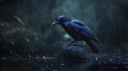 Obraz premium Majestic Raven Perched on Dark Rock in Heavy Rain Dramatic Nature Photography Moody Atmosphere Wild Bird Wildlife Scene Dark Feathers Rainy Day Solitary Bird Black Bird Nature Image Rainy Weather 