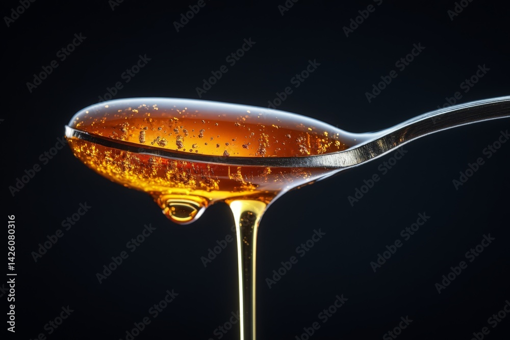 Poster honey dripping from a spoon, showcasing its smooth texture and vibrant color against a dark backgrou