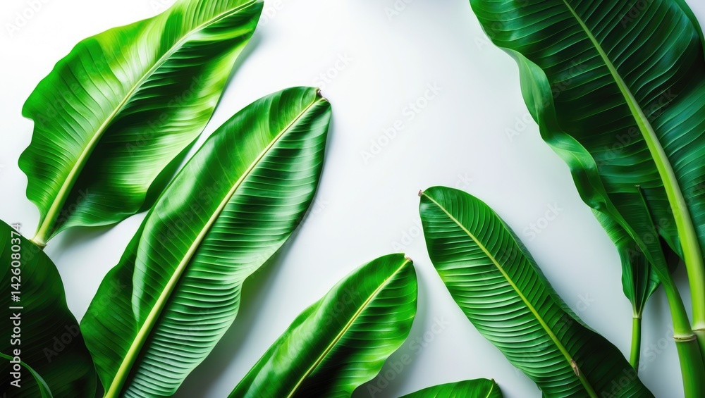 Poster banana leaf from top view isolated on white background for design with green leaves backdrop