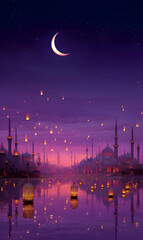 Fototapeta premium Ethereal cityscape illuminated by lanterns and crescent moon reflecting on tranquil waterscape