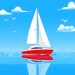 Red sailboat sailing on calm ocean, sunny sky, seagulls; perfect for travel brochures