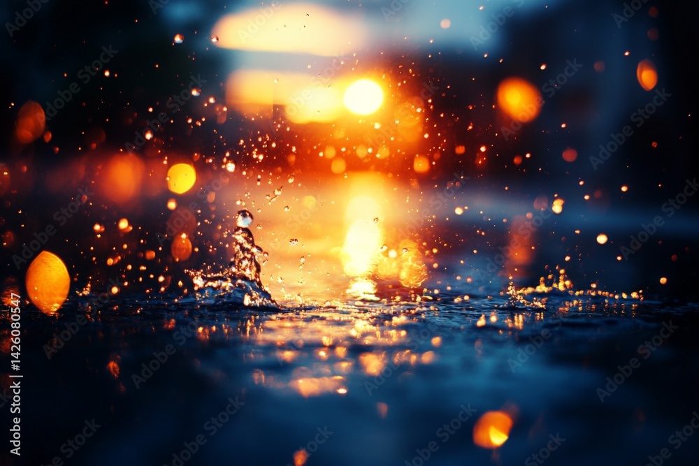Aufkleber rainfall creates golden reflections and splashes during a sunset in an urban setting with vibrant co