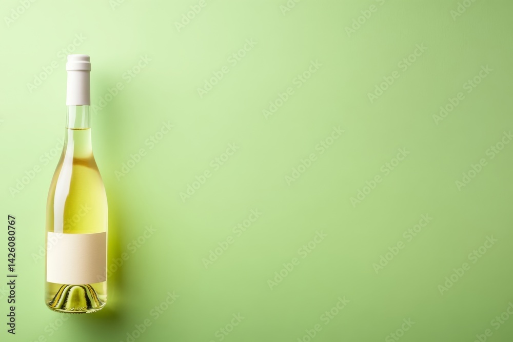 Leinwandbilder showcasing a mockup bottle of white wine with a simple label, the setting features a soft pastel gre
