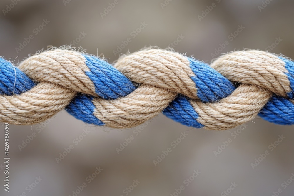 Poster close-up of intertwined blue and natural colored ropes showing texture and detail in outdoor setting