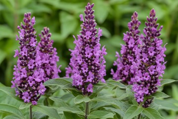 Fototapeta premium Beautiful purple flowers blooming in a garden during spring with vibrant green foliage surrounding them