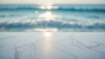 Sunny day white marble table top with blurred beach and sea background, ideal for product display or social media banner