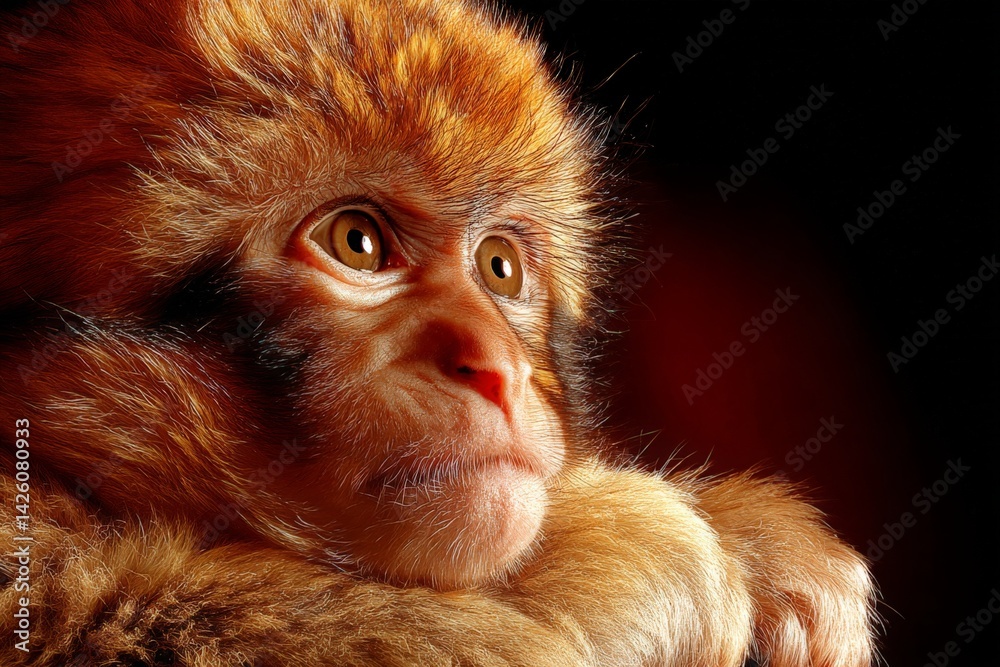 Poster close-up of a young monkey with expressive eyes in a dimly lit environment showcasing its curious de