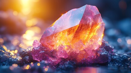 A stunning close-up of a luminous crystal resting on a rocky surface during sunset