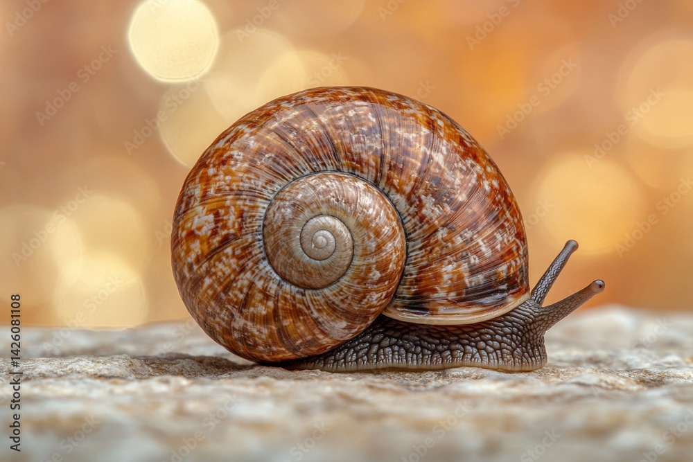 Poster Detailed close-up of a garden snail showcasing its shell texture and pattern in natural light during a warm afternoon