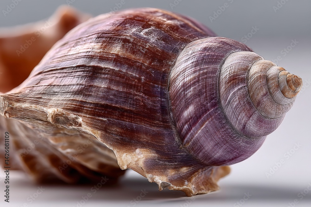 Poster Detailed close-up of a vibrant seashell showcasing its intricate patterns and colors on a neutral background