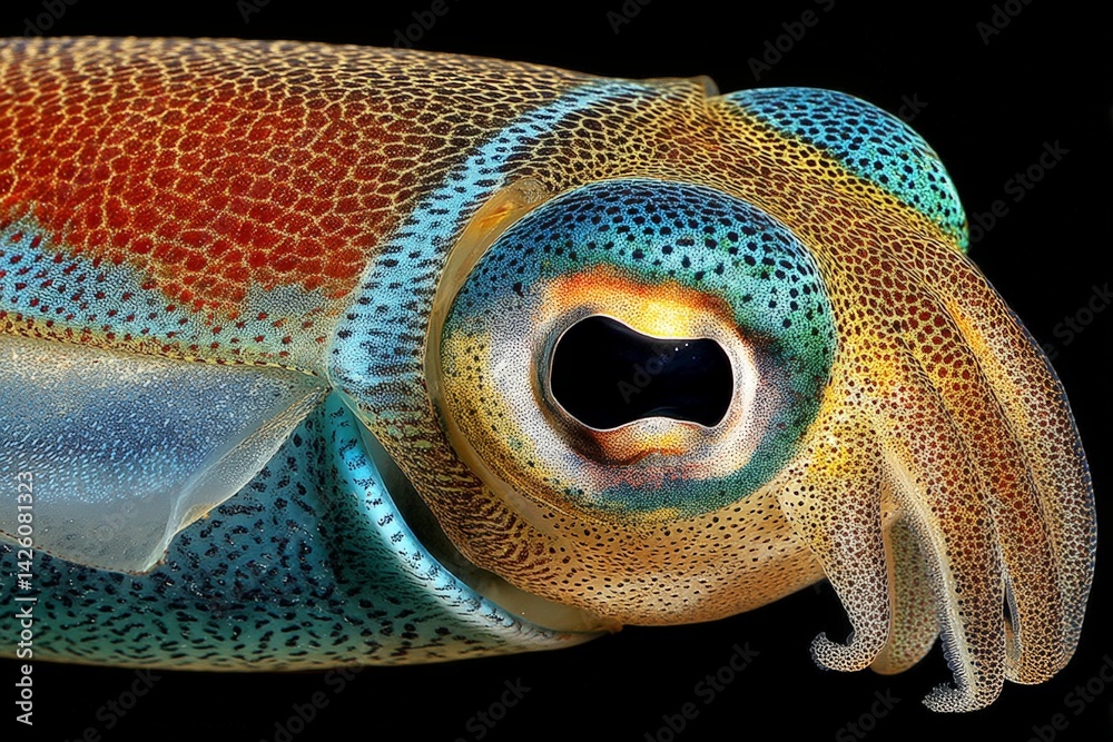 Poster Intricate close-up of a vibrant underwater squid showcasing its colorful patterns and unique anatomy in a dark environment