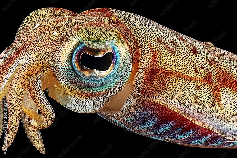 Poster Close-up view of a squid showcasing vibrant colors and intricate textures in a dark environment