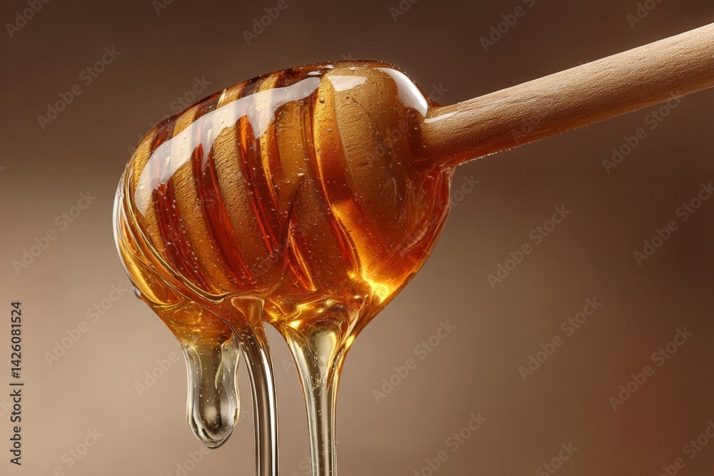 Poster golden honey dripping from a wooden dipper in a warm, inviting atmosphere during a rustic kitchen se