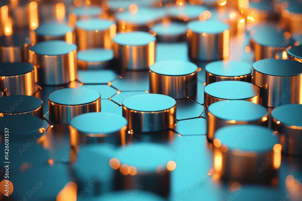 Poster Abstract arrangement of metallic shapes with glowing edges in a modern design environment